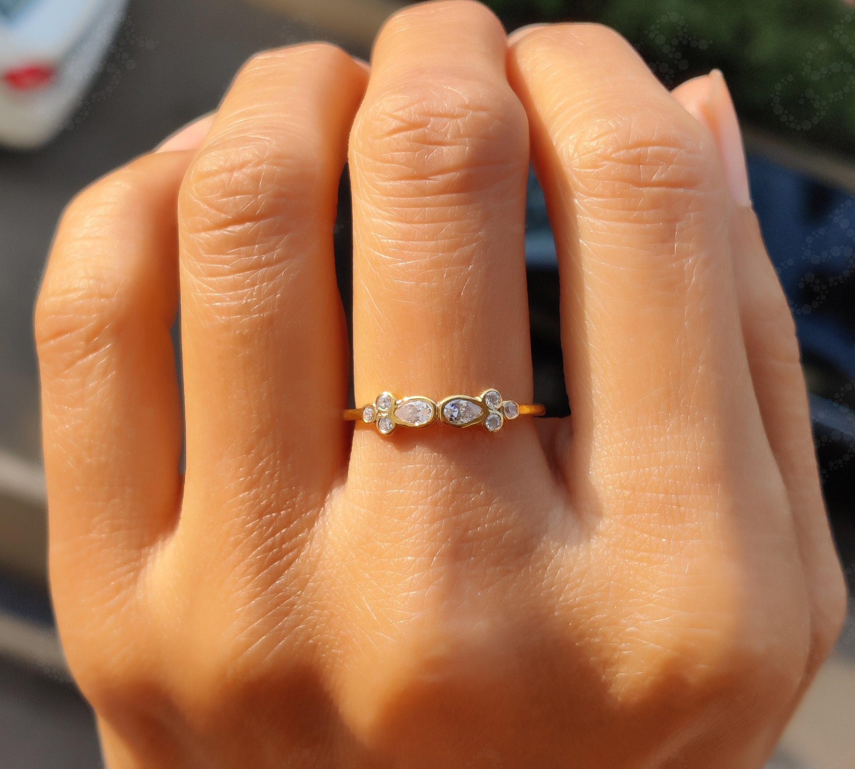 Harmony in Design: Dainty Silver and Gold Moissanite Cluster Ring - A Delicate Stackable Beauty, Perfect for Promise or Wedding Bands