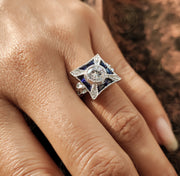 1.50 Ct Art Deco Vintage Engagement Ring, Round Diamond Simulant & Baguette Blue Sapphire Antique Women Ring