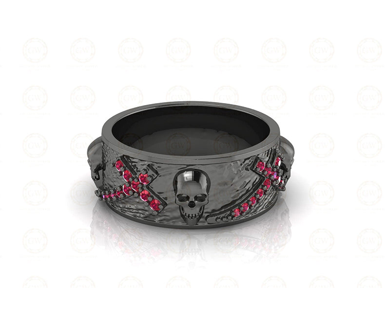 8 mm Wide Unique Cross Men's Gothic Skull Wedding Band, Punk Style Biker Ring, Birthstone July Ruby gemstone ring, 925 Sterling Silver