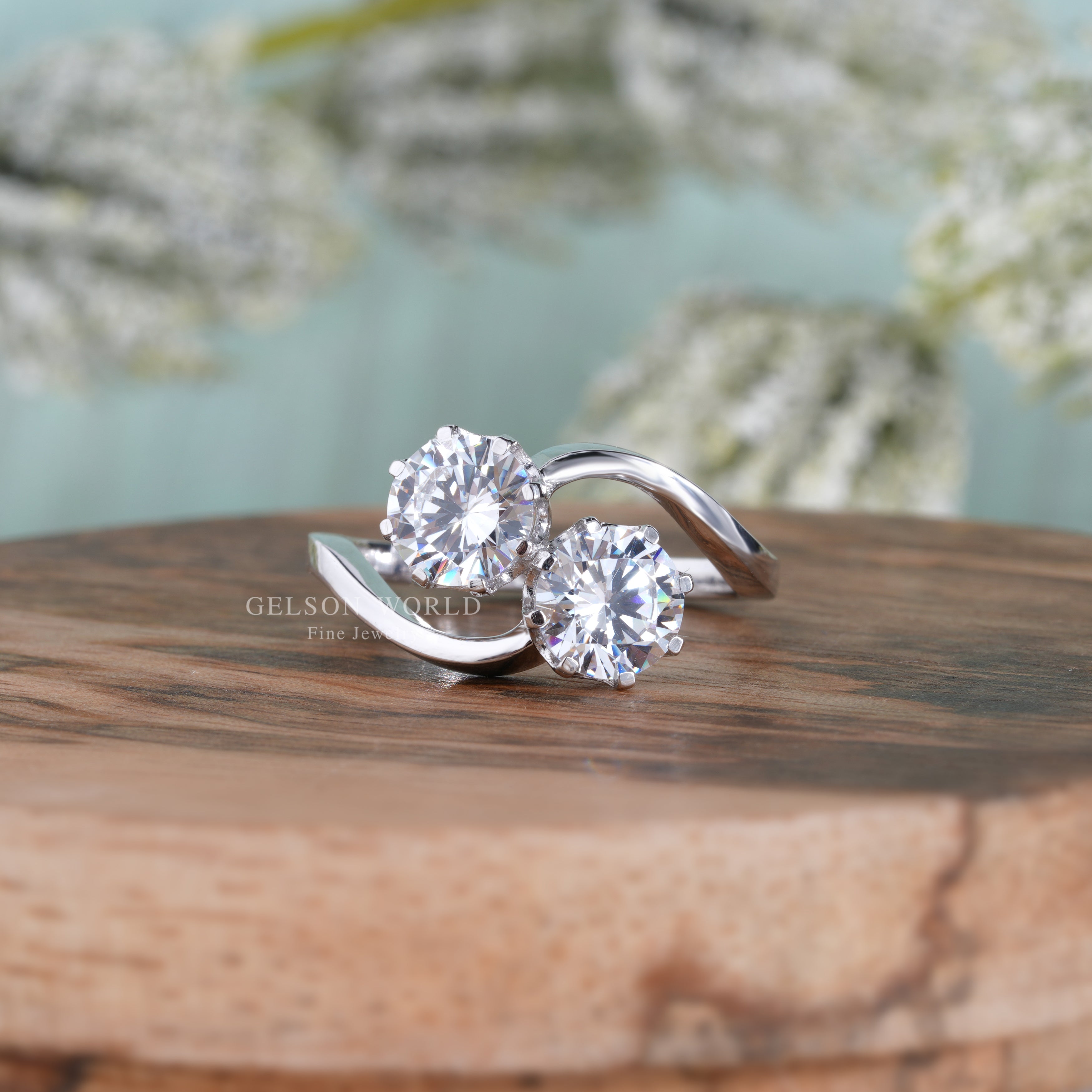 Round Moissanite Toi Et Moi Engagement Ring, Bypass Two Stone Ring For Women