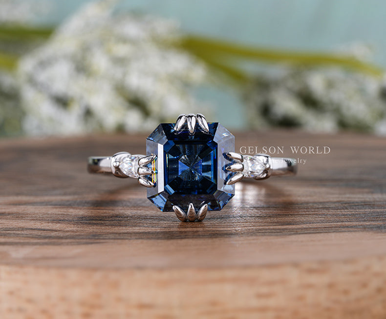 Dark Blue Asscher Cut Moissanite Engagement Ring, Art Deco Fish Tail Prongs Ring, Vintage Style Moissanite Ring, Unique Anniversary Rings