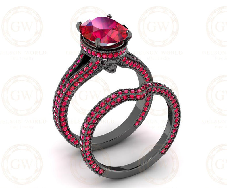 4.15 Ct Gothic Skull Bridal Vintage Wedding Ring Set, Unique Skull milgrain Oval Engagement ring set, Ruby Birthstone Ring sets for Women