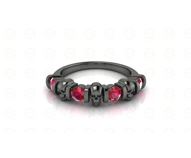 0.65 Ct Unique Gothic Skull 4 Stone CZ Engagement Wedding Ring, Birthstone July Ruby gemstone Women ring, Sterling Silver, Gift for her