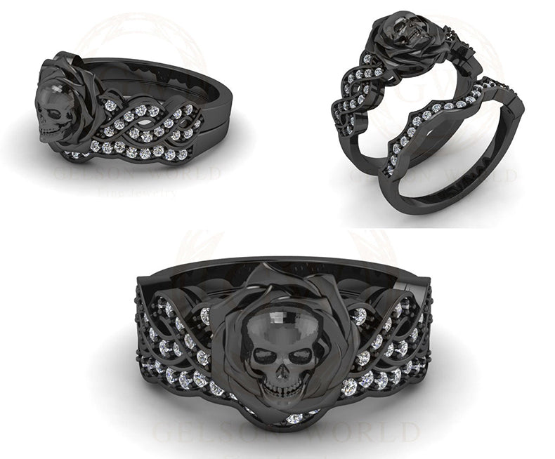 Skull Bridal Gothic Wedding Ring Sets, Rose Floral Engagement Ring, Criss Cross Nature Inspired Design, White Round CZ, Black Rhodium Plated