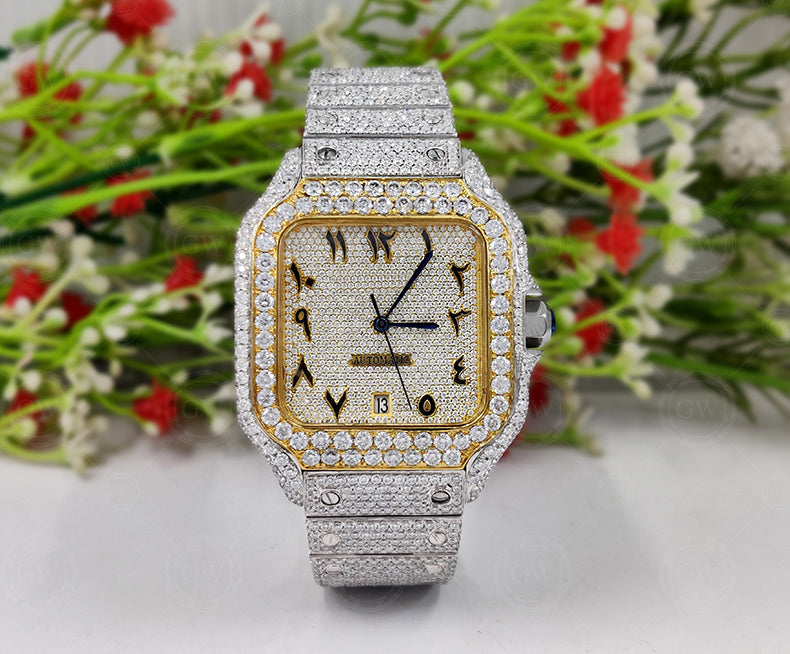 Moissanite Diamond iced out Luxury watches, Fully Automatic Hip Hop Buss Down Watch Two Tone (Yellow)