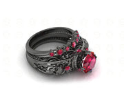 2.15 Ct Unique Gothic Skull Round Floral Vintage Bridal Engagement Ring Set, Birthstone July Ruby gemstone ring, Matching Band, Women Ring