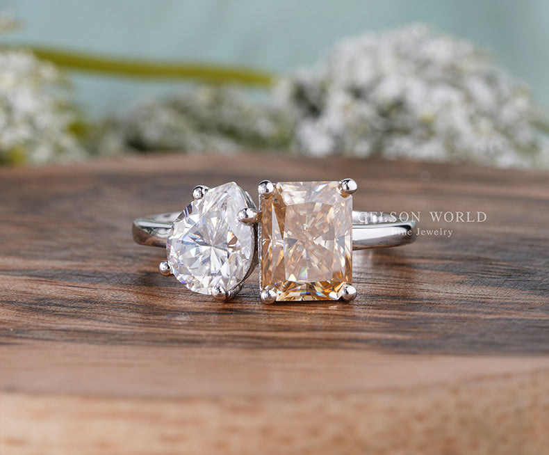 Two Stone Engagement Ring For Women, Pear And Radiant Cut Champagne Moissanite Ring, Toi Et Moi Promise Ring, Anniversary Rings