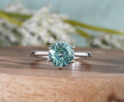 Portuguese Cut Cyan Blue Moissanite Engagement Ring, Flower Tulip Setting Solitaire Ring, Portuguese Cut Round Ring, Floral Petal Set Ring