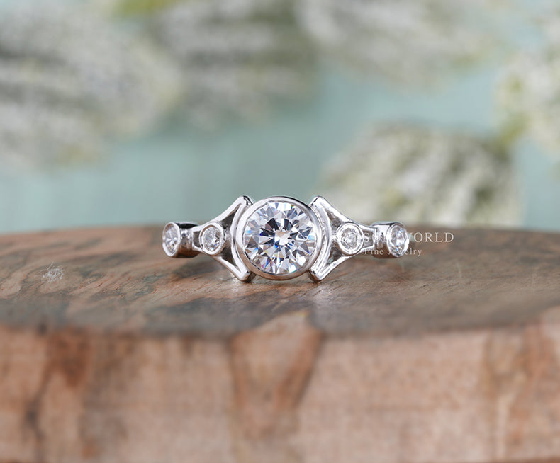 Art Deco Moissanite Engagement Ring, Unique Bezel Set Solitaire Ring, White Gold Promise Ring For Her, Anniversary Rings For Women