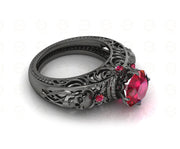 2 Ct Unique Gothic Skull Round Floral Vintage Engagement Ring, Birthstone July Ruby gemstone ring, CZ Women Wedding ring, Sterling Silver