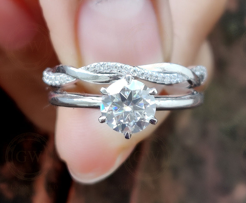 Round Moissanite Wedding Ring Set / Solitaire Engagement Ring / Wedding Band / Matching Band / Twisted Band / Sterling Silver Ring Sets