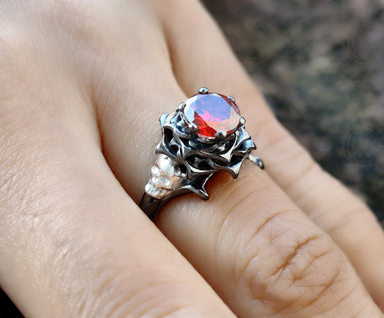 Gothic Skull Engagement ring / Round Red Ruby CZ Diamond / Rose Floral Wedding Ring / Unique Skull Nature Inspired Ring / Ring for Women