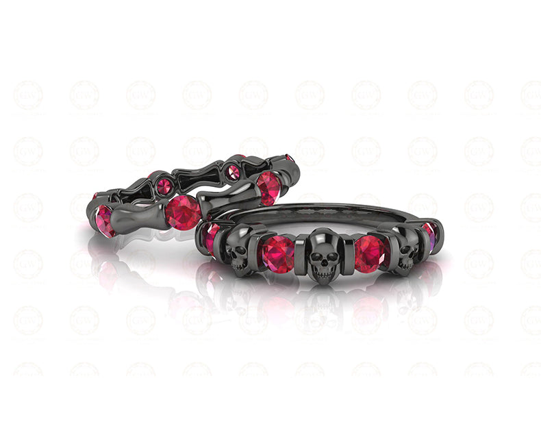 1.65 Ct Unique Black Gothic Bone Skull Bridal CZ Engagement Wedding Ring Set, Birthstone July Ruby gemstone Women ring, Matching Band