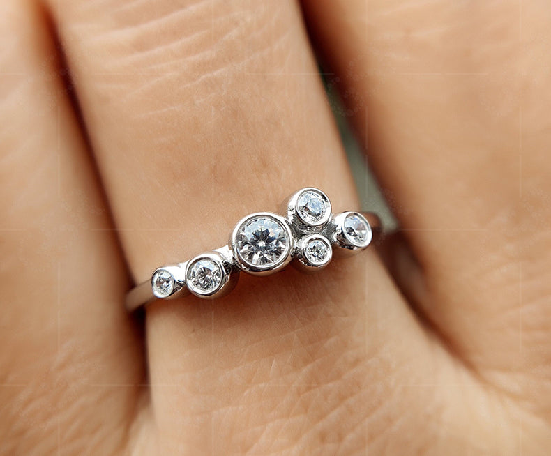 Elegant Moissanite Diamond Scatter Ring - Rubover Stone Bubble Ring with Bezel Set Rain Drop Design - Unique Multi Stone Cluster Minimalist Beauty