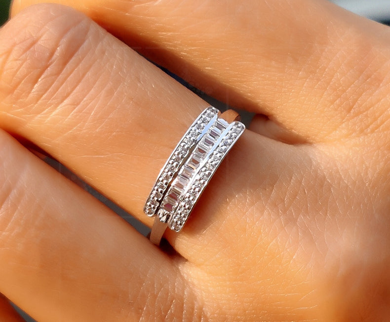 Timeless Sparkle: Moissanite Baguette and Round Cut Wedding Band for Anniversaries, a Minimalist Delight in Silver and Gold