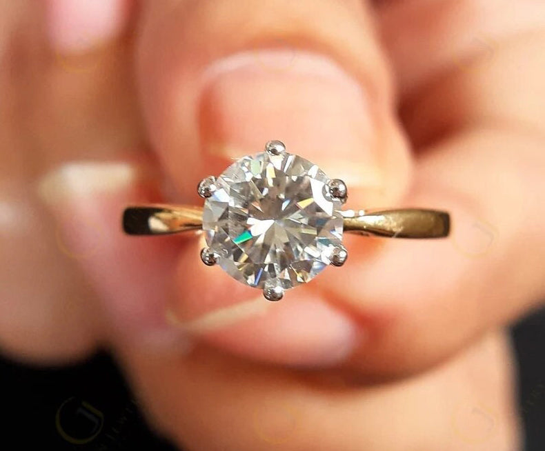 Round Cut Moissanite Solitaire Ring, Two Tone Engagement Ring, Promise Rings For Women, White & Yellow Gold Ring, Unique Style Ring