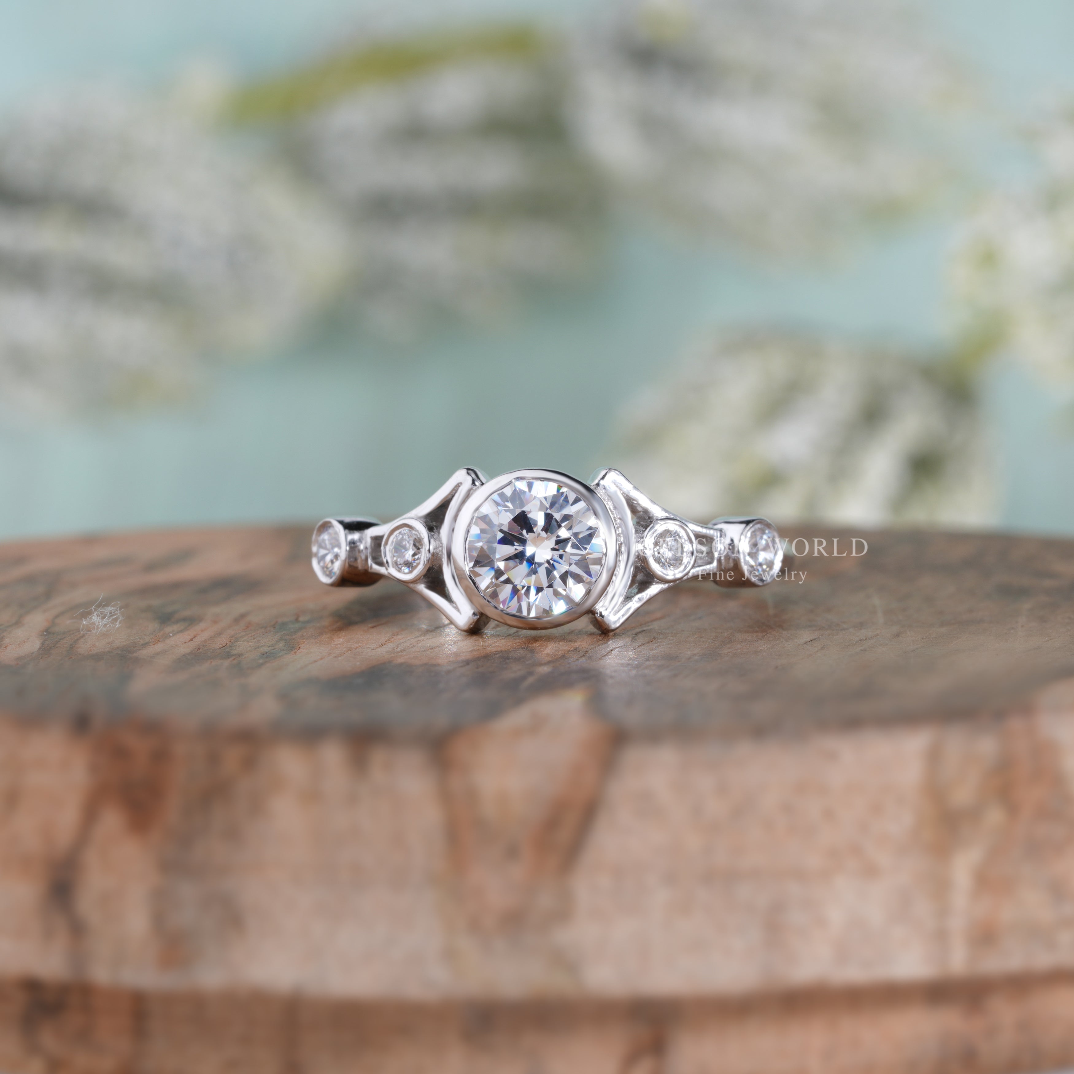 Art Deco Moissanite Engagement Ring, Unique Bezel Set Solitaire Ring