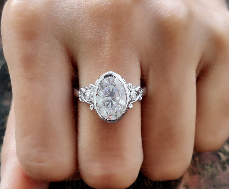 Antique Estate Bezel Moissanite Large Oval Engagement Ring In 925 Sterling Silver For Women