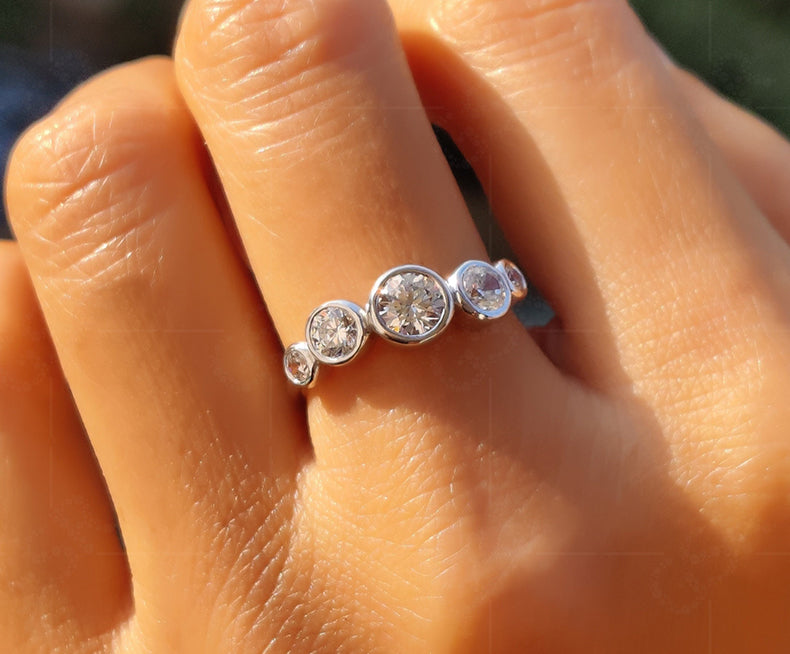 Five Stone Moissanite Cluster Ring: Bubble Bezel Set Silver and White Gold Wedding Ring, Perfect for Anniversaries and Stacking