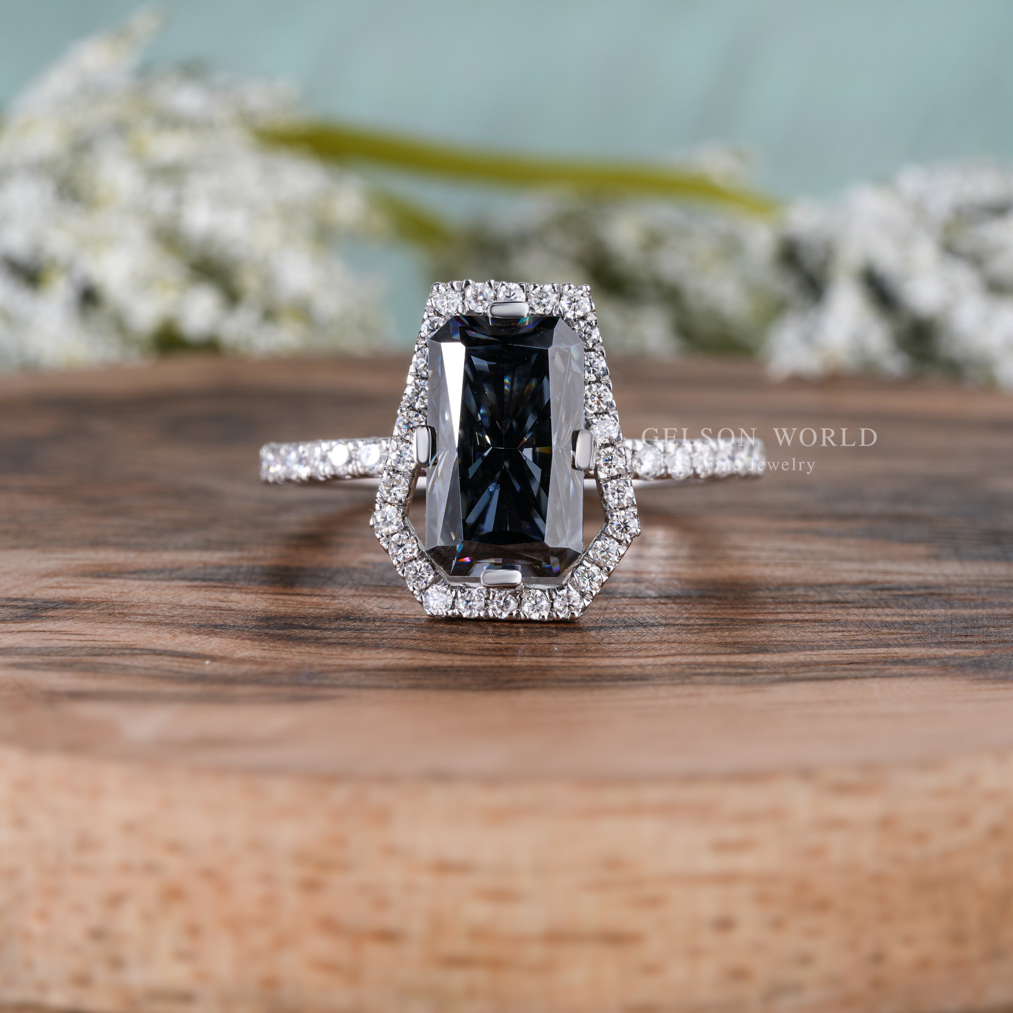 Coffin Shape Engagement Ring, Elongated Grey Radiant Cut Halo Moissanite Ring