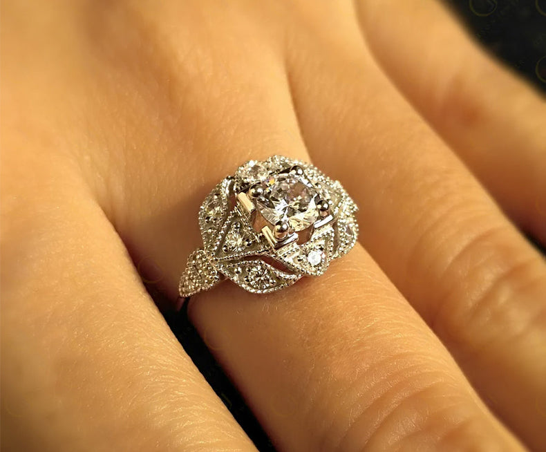 Vintage Engagement Ring, Round Simulated Diamond, Art Deco Wedding Ring, Milgrain ring, Unique Floral Design, Sterling Silver, Women Ring