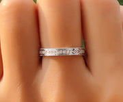 Timeless Glamour: Silver and Gold Vintage Wedding Ring Band – Experience the Perpetual Beauty of a Full Eternity Stackable Ring, Adorned with Colorless Moissanite Stones in a Channel Set, the Ideal Matching Band for Her