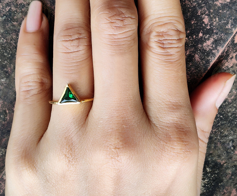 Silver and Gold Triangle Shape Emerald Minimalist engagement ring, Matching Stacking Ring, Dainty Diamond Ring, Gemstone Birthstone Ring