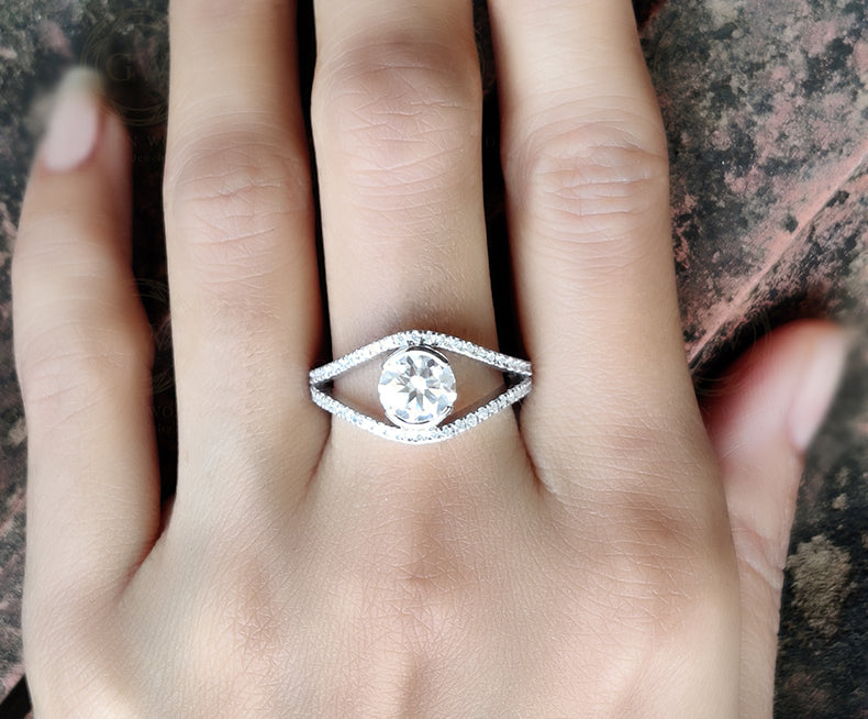 Moissanite Engagement Ring, Split Shank Anniversary Ring, Round Moissanite, Sterling Silver, Evil Eye Moissanite Ring, Ring For Women