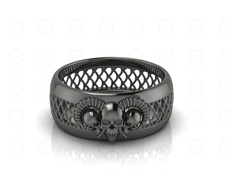 8 mm Wide Vampire Ring Demon Skull Horns Mens Wedding Band, Sterling Silver, Motorcycle Biker Ring, Unique Jewelry, Anniversary Ring