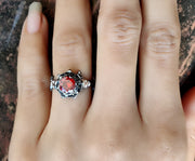 Gothic Skull Engagement ring / Round Red Ruby CZ Diamond / Rose Floral Wedding Ring / Unique Skull Nature Inspired Ring / Ring for Women