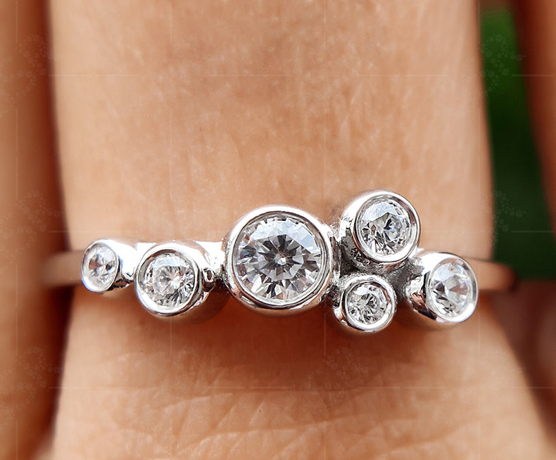 Elegant Moissanite Diamond Scatter Ring - Rubover Stone Bubble Ring with Bezel Set Rain Drop Design - Unique Multi Stone Cluster Minimalist Beauty