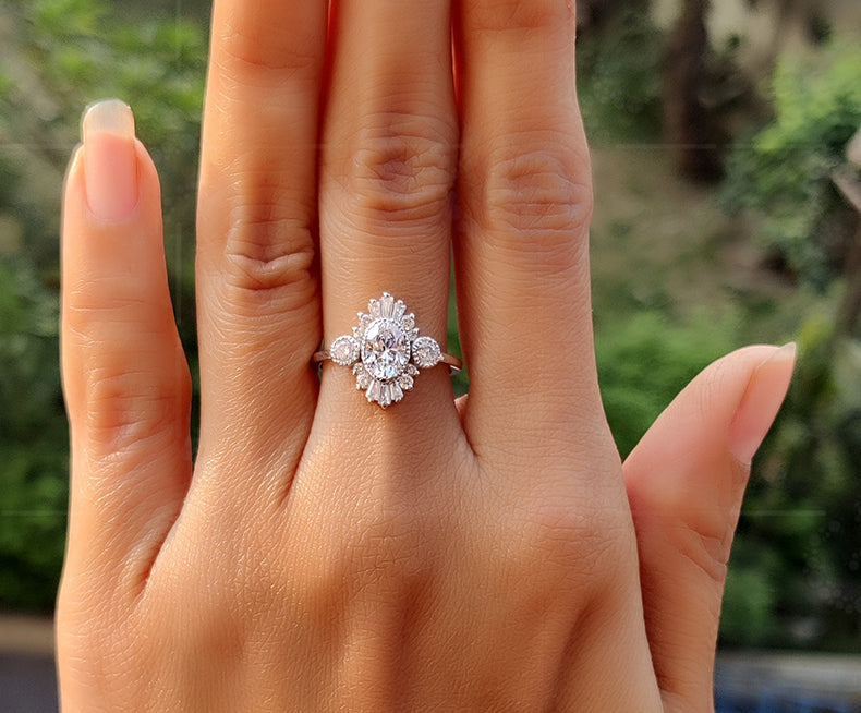 Oval Moissanite Starburst Halo Engagement Ring: A Vintage Art Deco Marvel in Silver and Gold, Perfect for Timeless Elegance