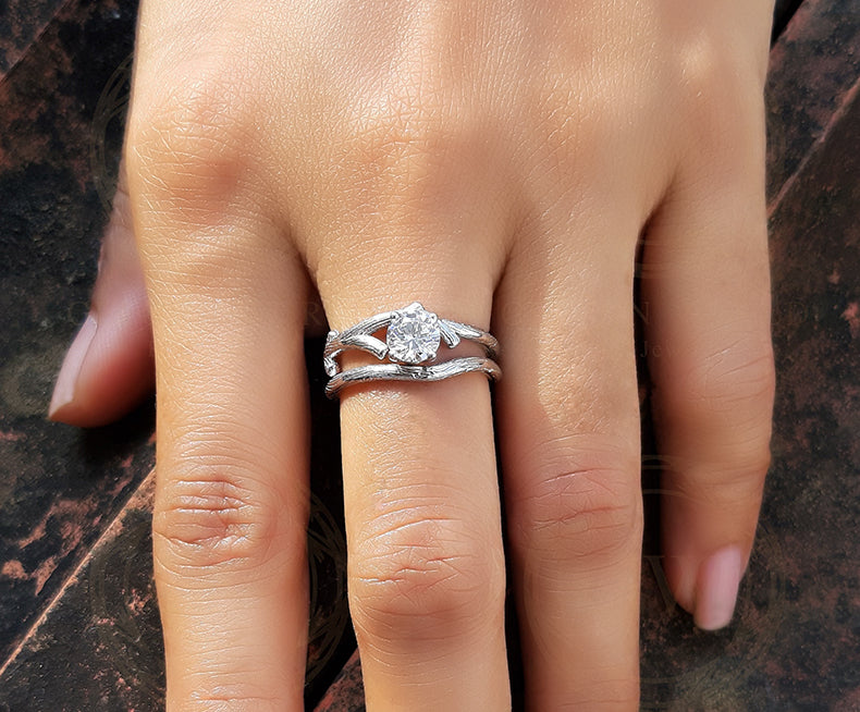 0.85 Ct Round Cut Twig Solitaire Engagement Wedding Ring Set, Matching band, Moissanite Ring, Silver Ring Set, Nature Inspired Ring Set