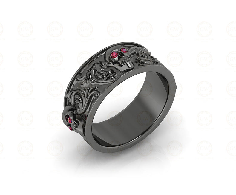 8 mm Wide Nature Inspired Unique Gothic Skull Wedding Band, Birthstone Ring, July Ruby gemstone ring, Promise Ring, Silver Eternity Band