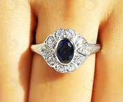 Art deco Engagement Ring, Oval Blue Sapphire Simulated Diamond, Vintage wedding ring, Sterling Silver, Promise ring, Gift for Her