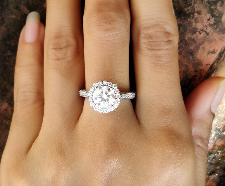 Antique Halo Engagement Ring / Estate Ring For Women / Vintage Anniversary Ring / Round Moissanite / Art Deco Sterling Silver Rings