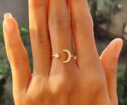 Crescent Moon Moissanite Ring - Double Horn Open Design - Diamond Stacking Rings - Promise Ring - Stackable