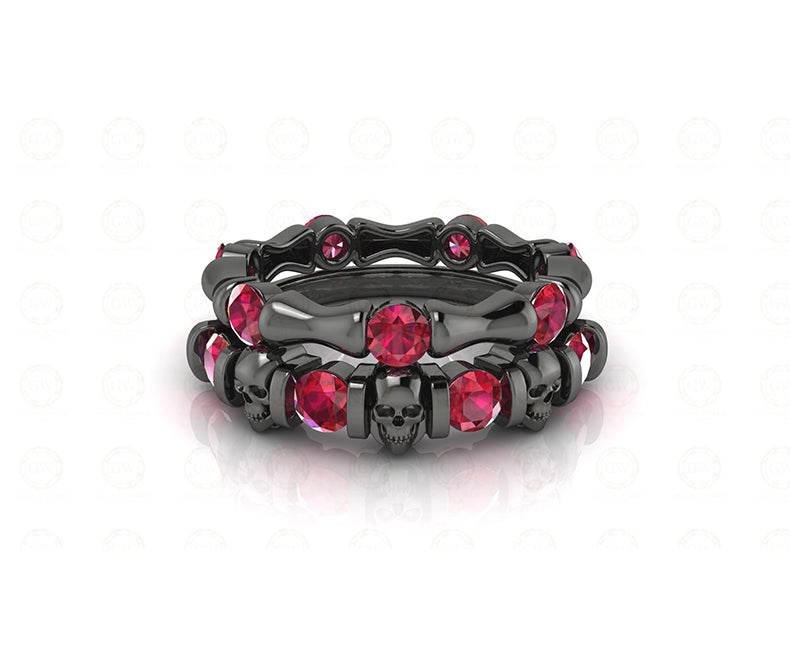 1.65 Ct Unique Black Gothic Bone Skull Bridal CZ Engagement Wedding Ring Set, Birthstone July Ruby gemstone Women ring, Matching Band