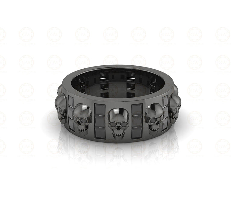 8 mm Wide Unique Gothic Skull Wedding Band, Full Eternity Ring, Simulated Diamond, Sterling silver, Anniversary Ring, Band for Mens & Women