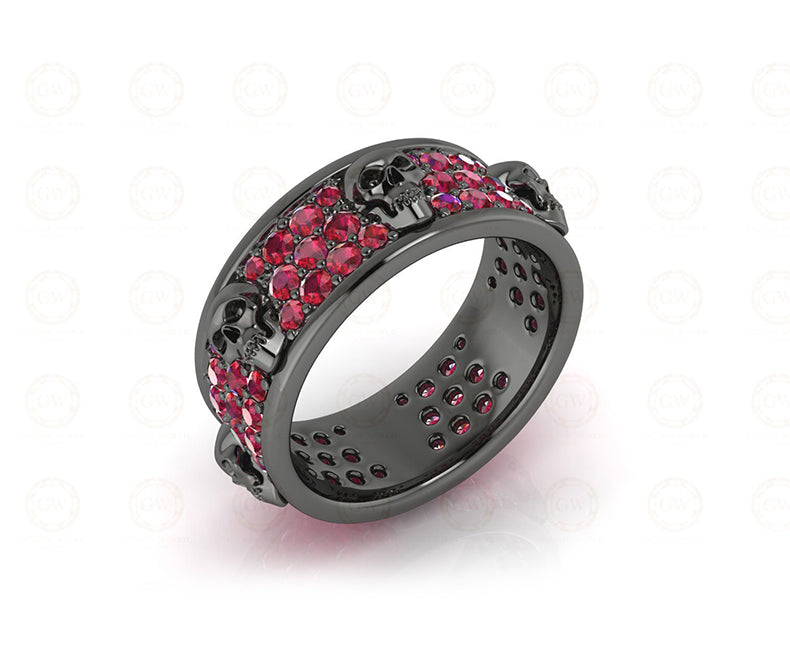 8 mm Wide Unique Gothic Skull Wedding Band, Birthstone Ring, July Ruby gemstone ring, 3 Row Anniversary Ring, Eternity Band, Sterling Silver