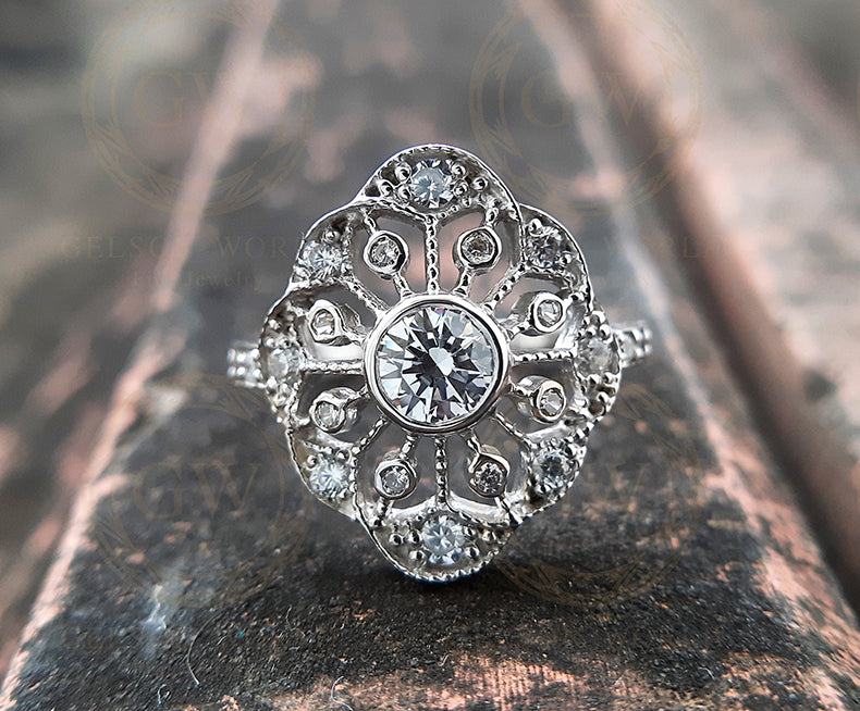 0.75 TCw Vintage Art Deco Style White Round Cut Cz Moissanite Diamond Antique Engagement Ring Edwardian Style Vintage Reproduction Ring