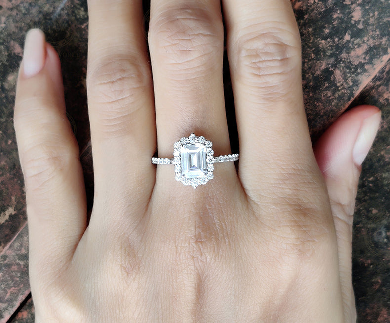 Moissanite Vintage Halo Engagement Ring, Emerald Cut Wedding ring, Sterling Silver, Ring for women, Classic Moissanite ring