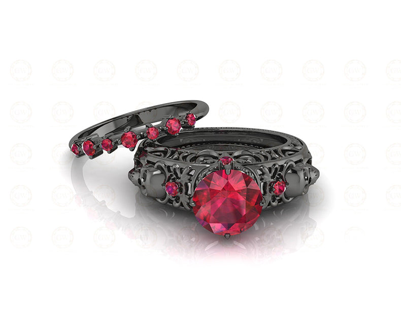 2.15 Ct Unique Gothic Skull Round Floral Vintage Bridal Engagement Ring Set, Birthstone July Ruby gemstone ring, Matching Band, Women Ring