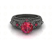 2 Ct Unique Gothic Skull Round Floral Vintage Engagement Ring, Birthstone July Ruby gemstone ring, CZ Women Wedding ring, Sterling Silver