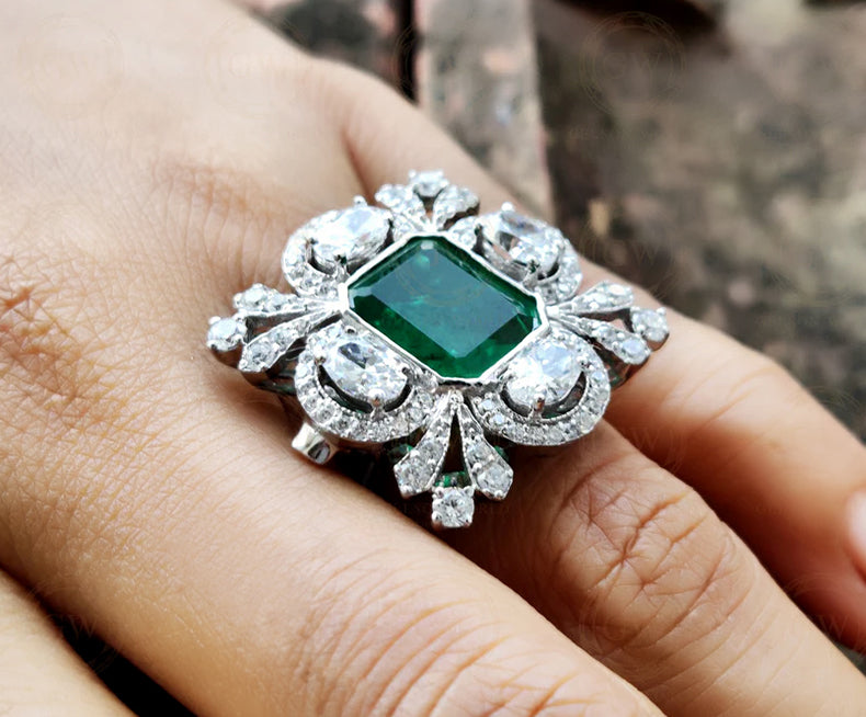 7.15 Tcw Vintage Emerald Estate Ring For Women, Cocktail Ring, Sterling Silver, Art Deco Engagement Ring, Jewelry for her