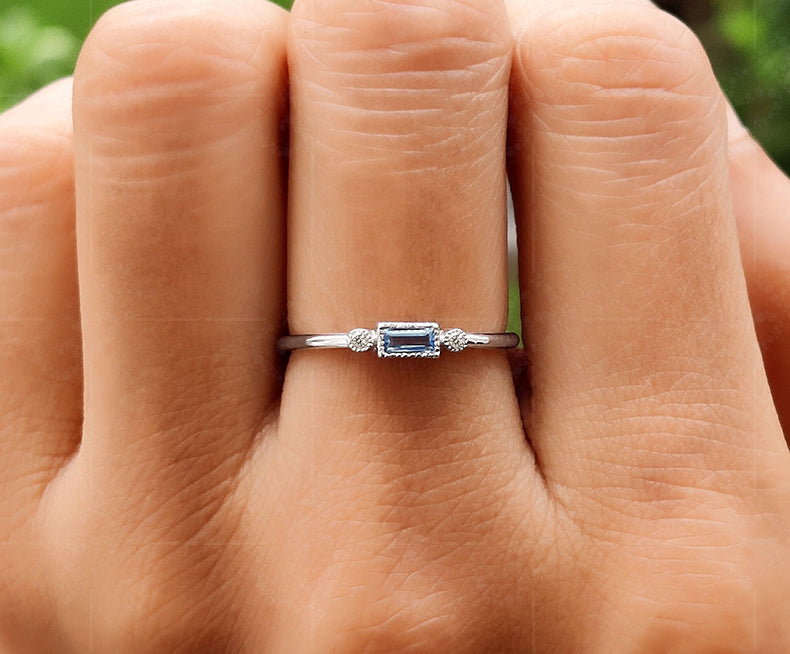 March Birthstone Elegance: Minimalist Baguette Aquamarine Ring for Mom