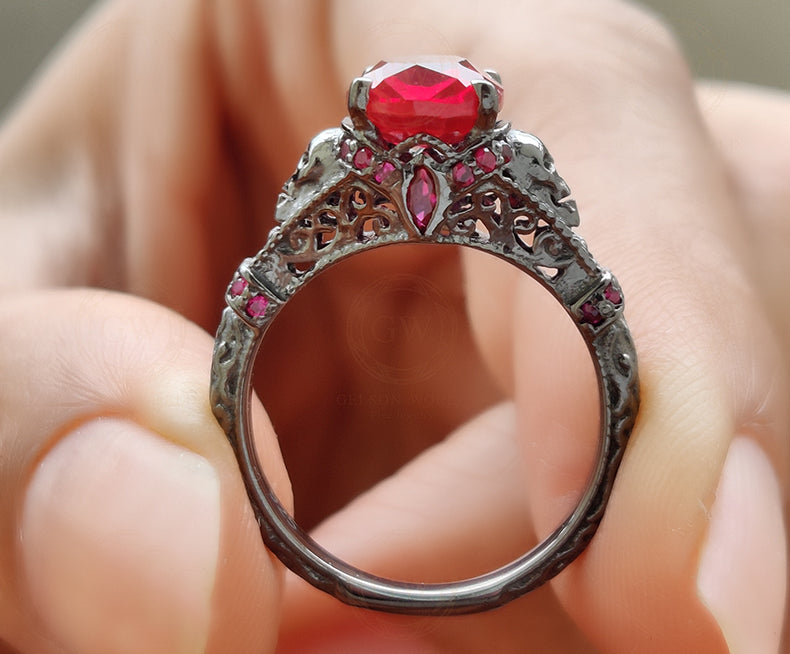 2.30 Ct Unique Gothic Skull Cushion Cut Floral Vintage Bridal Engagement Ring, Birthstone July Ruby gemstone Women ring, Sterling Silver