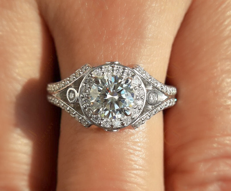 Art Deco Style Moissanite Ring Women, Vintage Round Halo Engagement Ring, Split Shank Ring, Unique Simulate Diamond Ring For Engagement