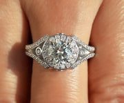 Art Deco Style Moissanite Ring Women, Vintage Round Halo Engagement Ring, Split Shank Ring, Unique Simulate Diamond Ring For Engagement