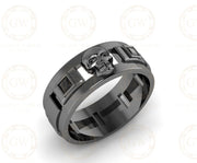 7.50 mm Wide Personalized Unique Men's Gothic Skull Wedding Band, Punk Style Biker Ring, Black CZ Diamond Sterling silver, Promise Band Him